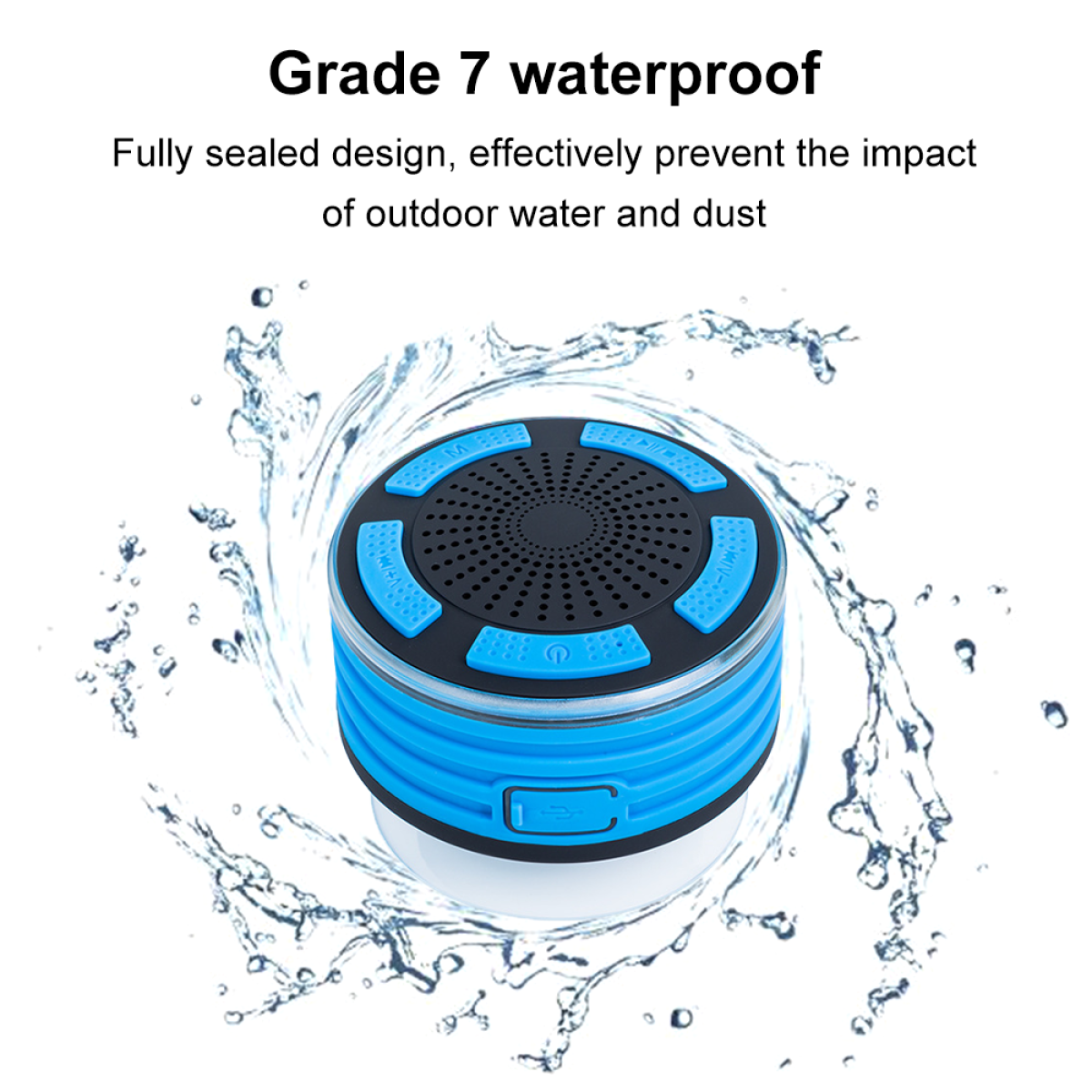 Blau-schwarzer wasserdichter Lautsprecher mit Wasserspritzer, weißer Hintergrund.