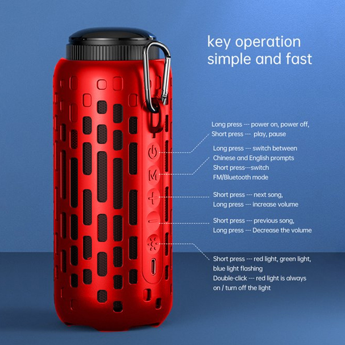 Roter Bluetooth-Lautsprecher mit Tasten und Bedienungsanleitung.