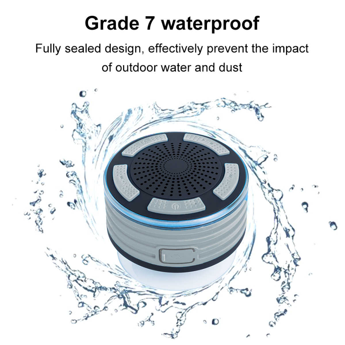 Runder wasserdichter Lautsprecher, schwarz und grau, umgeben von Wasserspritzern, mit Text: Klasse 7 wasserdicht.