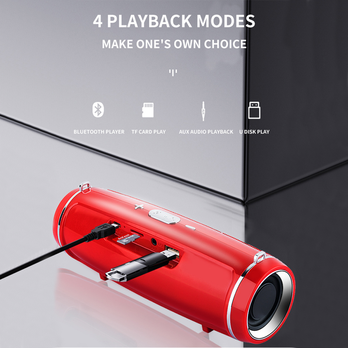 Roter zylindrischer Lautsprecher mit Anschlüssen und einem USB-Stick. Er hat Funktionstasten.