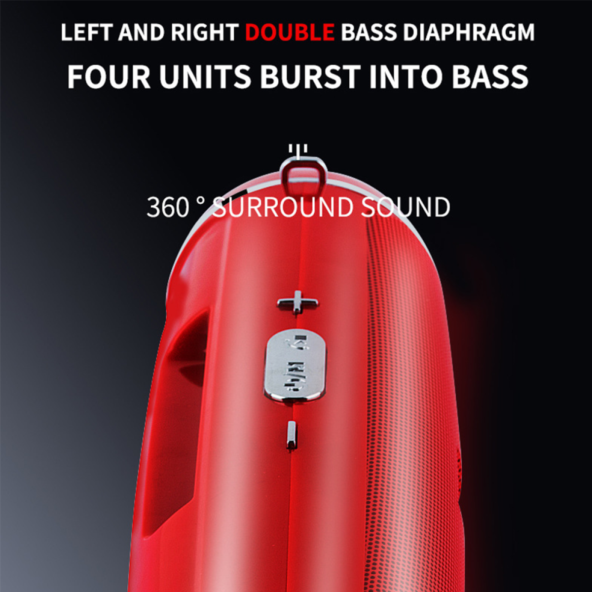 Roter Lautsprecher mit Text: Double Bass Diaphragm, 360° Surround Sound.