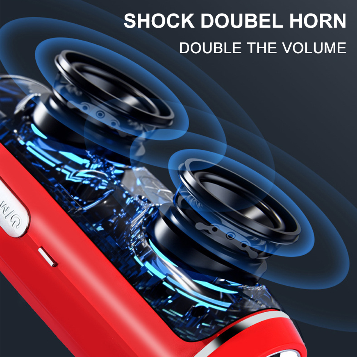Roter Lautsprecher mit Text: SHOCK DOUBEL HORN, DOUBLE THE VOLUME. Blaue Schallwellen.