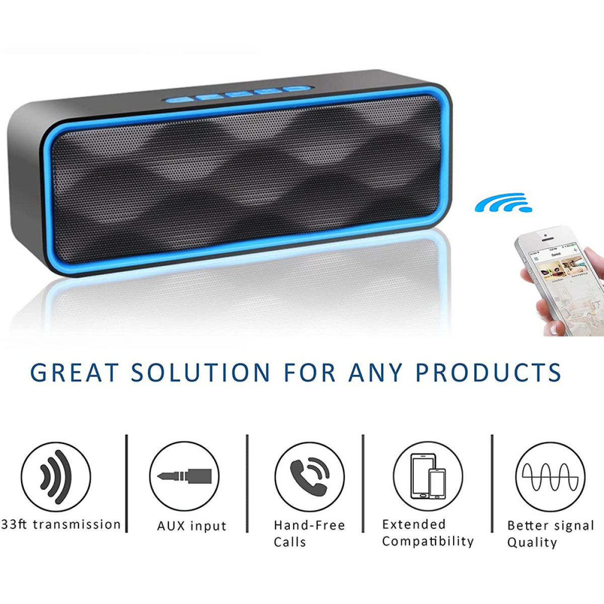 Schwarzer und blauer Bluetooth-Lautsprecher mit Symbolen, Telefon mit Musikoberfläche.