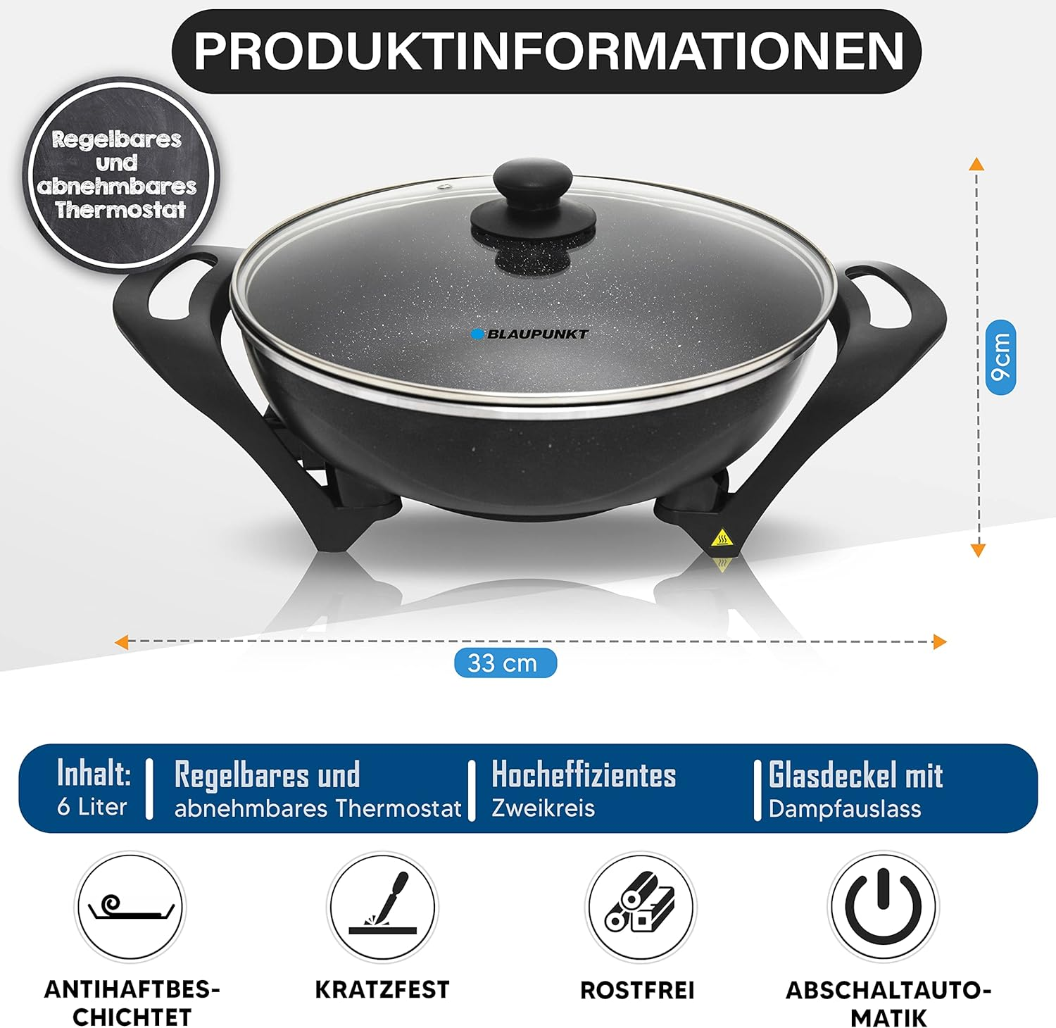 Schwarzer Topf mit Griffen und Glasdeckel. Textetiketten liefern Produktinformationen und Merkmale.