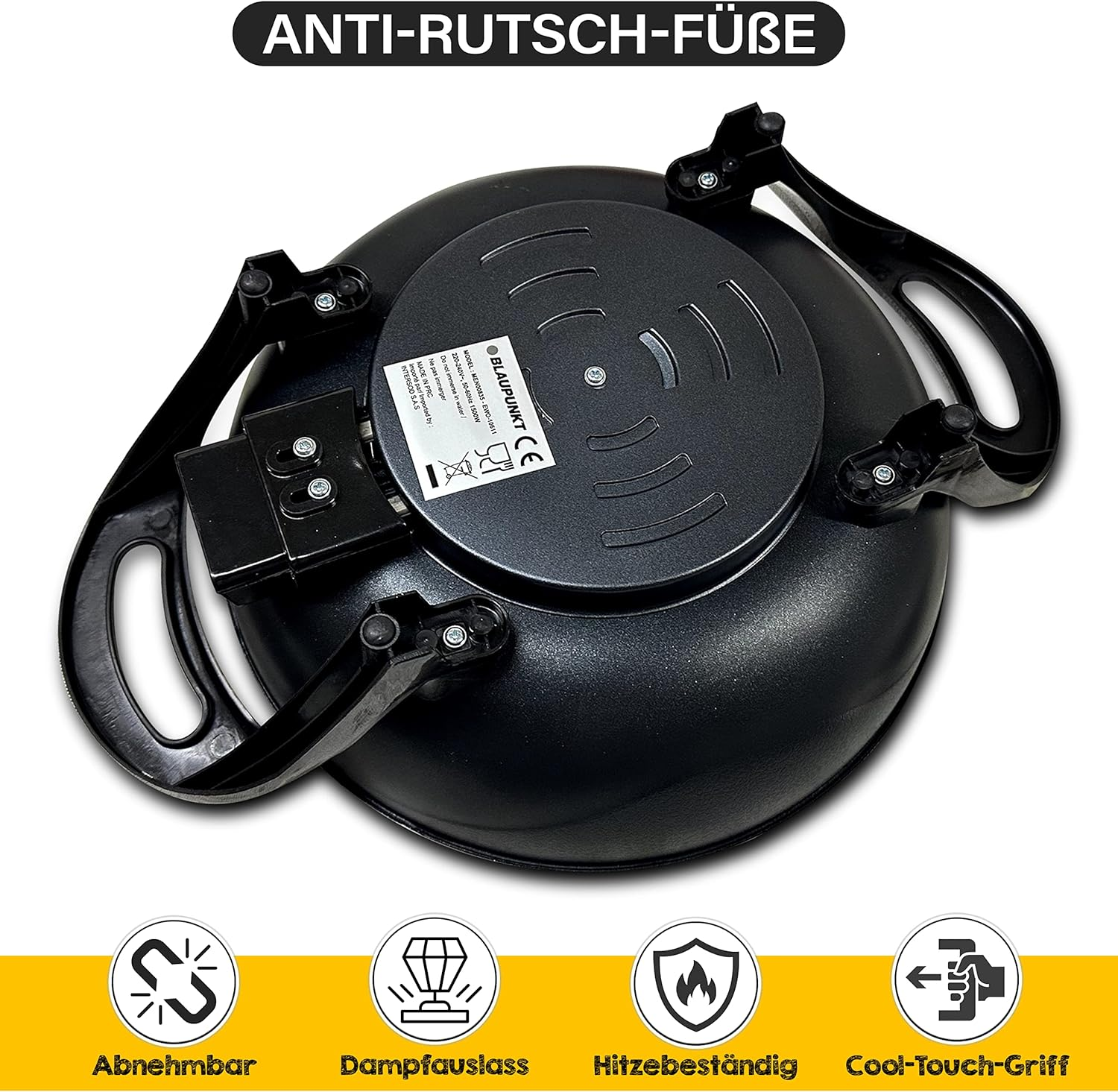 Die Unterseite eines schwarzen Geräts. Es hat Anti-Rutsch-Füße, abnehmbare Teile und einen Cool-Touch-Griff.