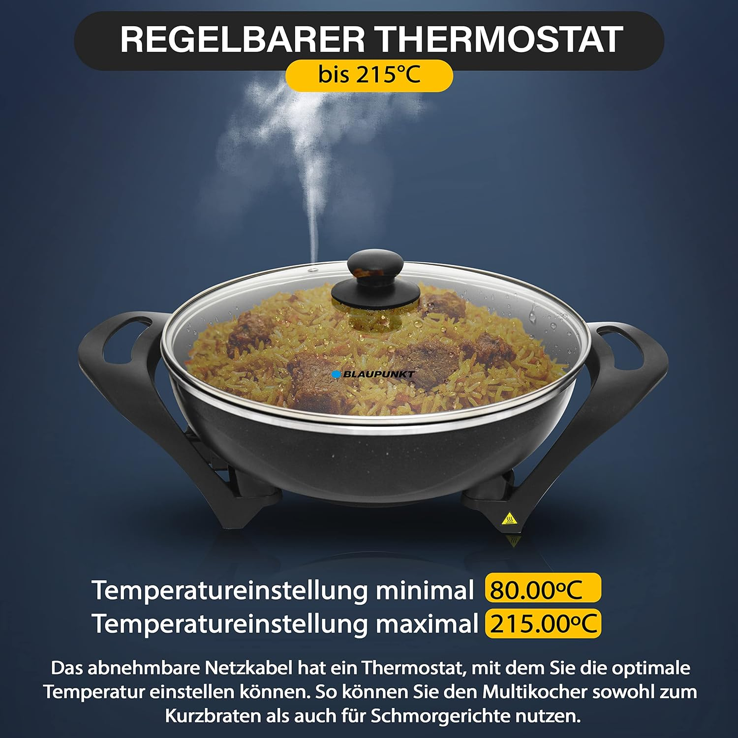 Ein schwarzer Kochtopf mit Glasdeckel, der Temperatureinstellungen anzeigt.