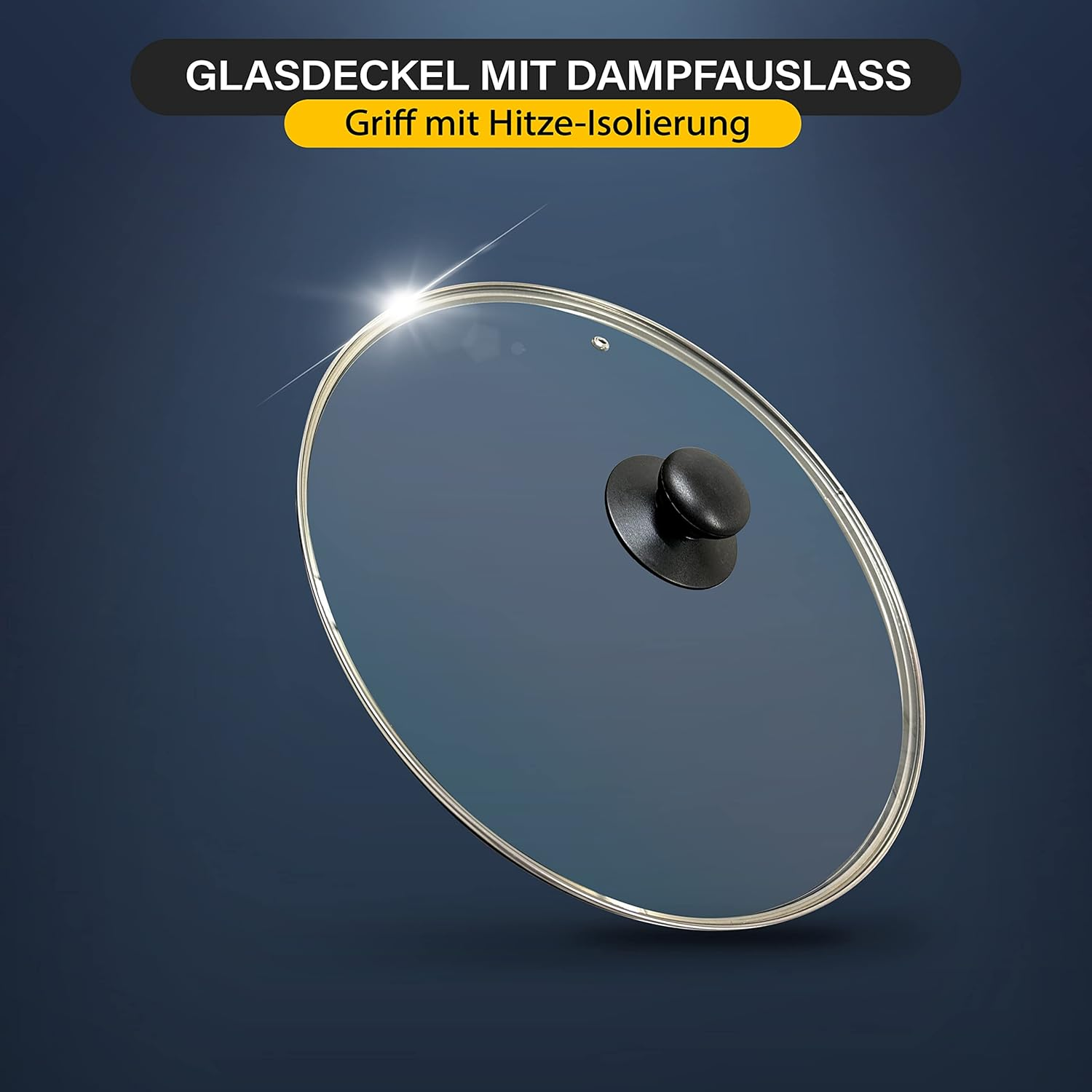 Ein Glasdeckel mit schwarzem Griff, silbernem Rand und dunkelblauem Hintergrund.