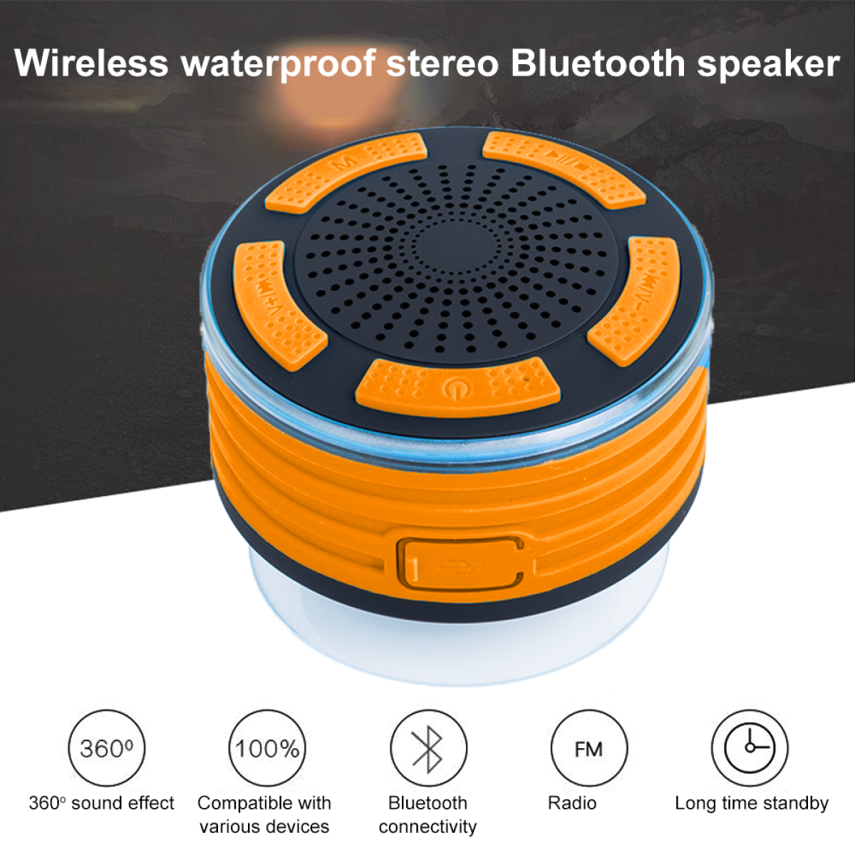 Orange und schwarzer wasserdichter Bluetooth-Lautsprecher mit Tasten. Symbole unten.