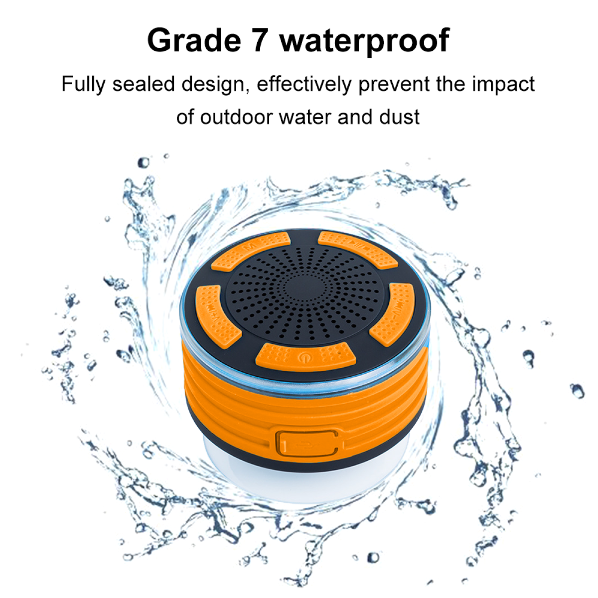Orangener und schwarzer Lautsprecher mit Wasserspritzdesign, wasserdicht Grad 7.