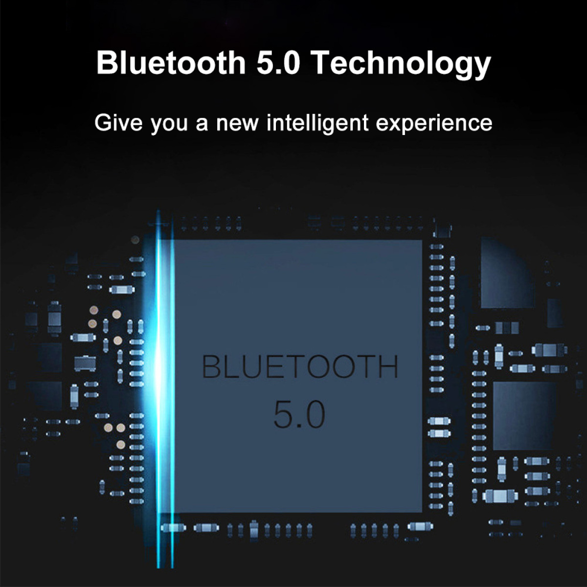 Blauer Bluetooth-Chip mit 'Bluetooth 5.0' und blauem Licht.