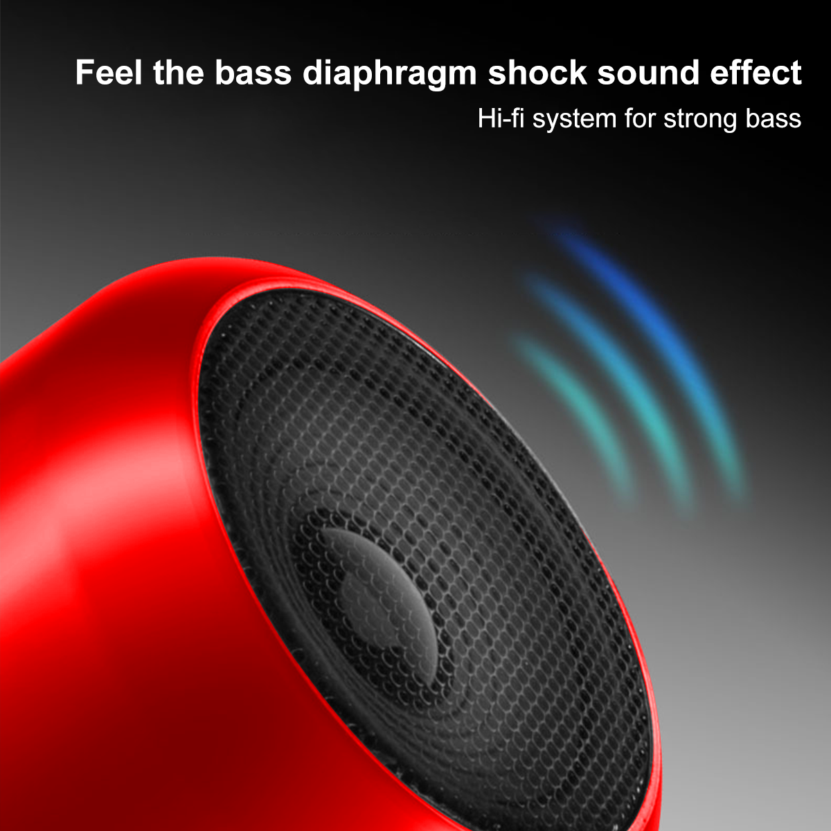 Roter Lautsprecher mit schwarzem Mesh. Text erwähnt Bass und Sound.