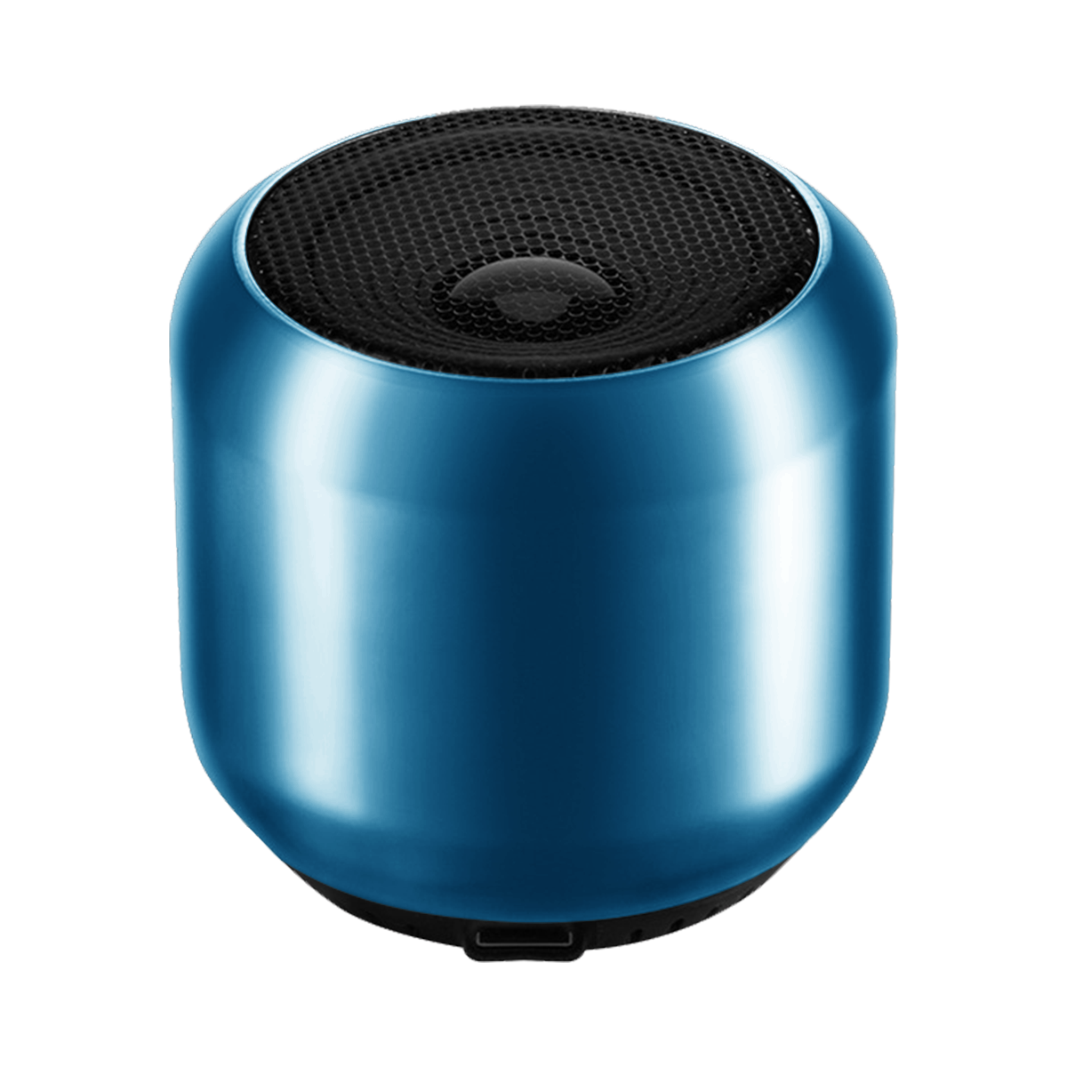 Ein blauer, zylindrischer Bluetooth-Lautsprecher mit schwarzem Mesh-Top und Ladeanschluss unten.