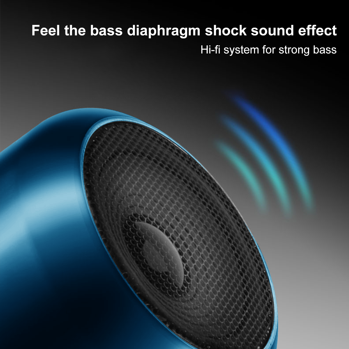 Blauer Lautsprecher mit schwarzem Netz. Text-Overlay sagt: „Spüren Sie den Bass-Membran-Schock-Sound-Effekt“.