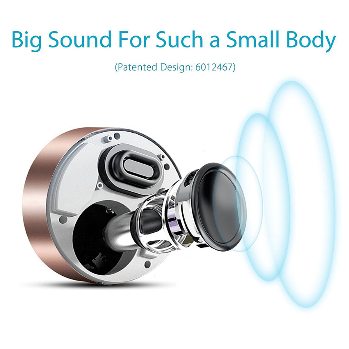 Die inneren Komponenten eines Lautsprechers mit Schallwellen und dem Text "Big Sound...".