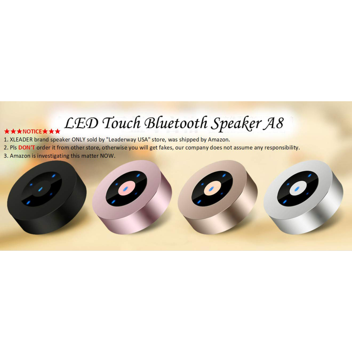 Vier kreisförmige Bluetooth-Lautsprecher in Schwarz, Rosa, Gold und Silber. Textüberlagerung.