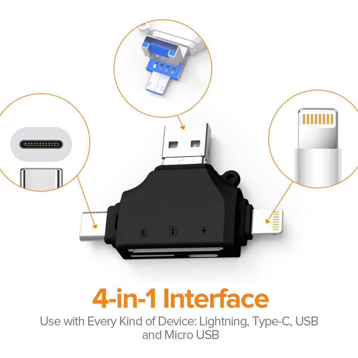 4-in-1-Schnittstellenadapter mit USB-, Typ-C- und Lightning-Anschlüssen. Schwarze Farbe.