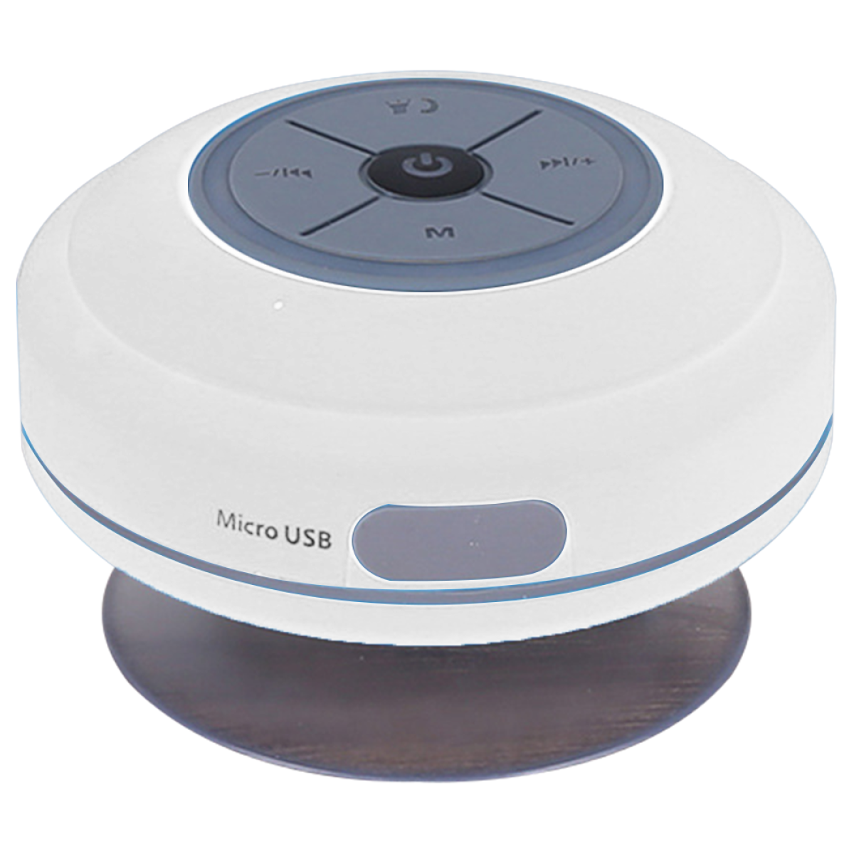 Weißer wasserdichter Lautsprecher mit Steuertasten. Micro-USB-Anschluss sichtbar.