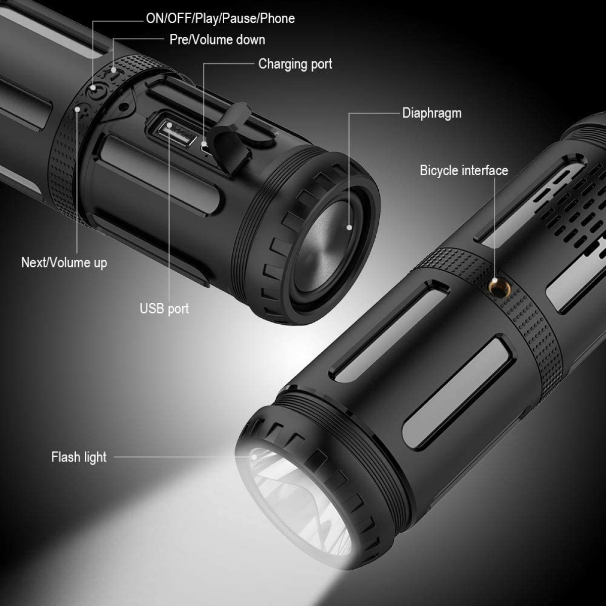 Schwarze Taschenlampe, mit Beschriftungen. Die Taschenlampe leuchtet und hat einen USB-Anschluss.