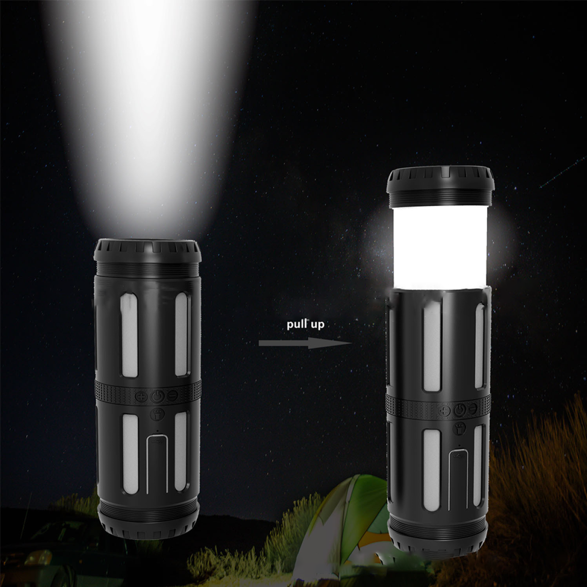 Schwarze Taschenlampe, die einen starken Lichtstrahl aussendet, mit Zelt und Sternen im Hintergrund.