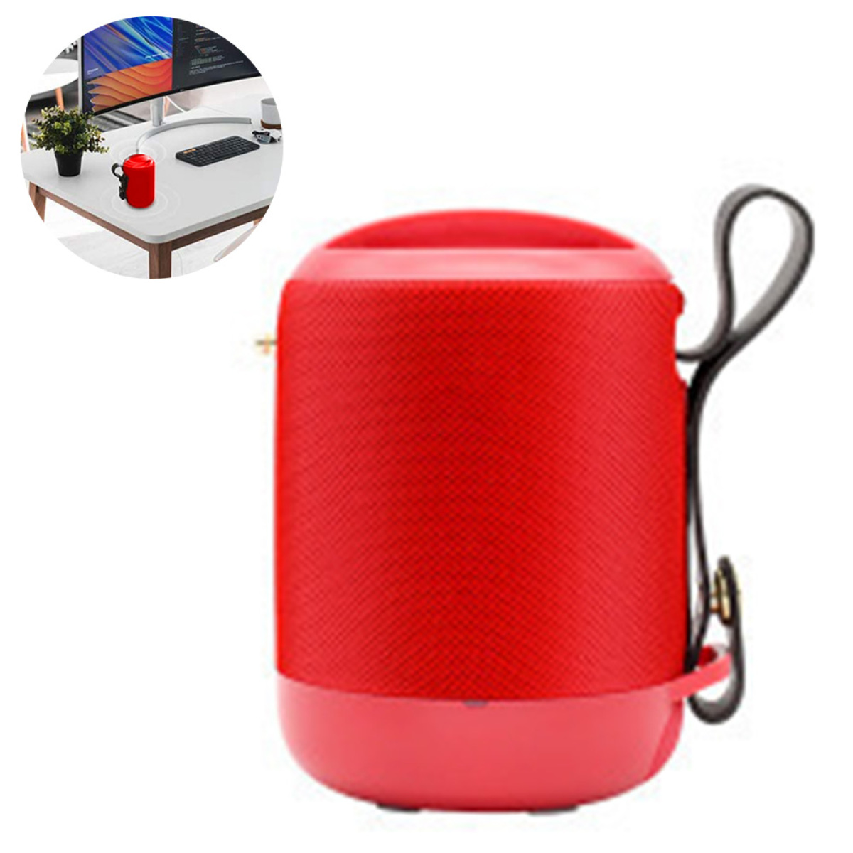 Ein roter, zylindrischer Lautsprecher mit einem schwarzen Riemen. Ein kleiner Schreibtisch und eine Pflanze sind im Hintergrund.