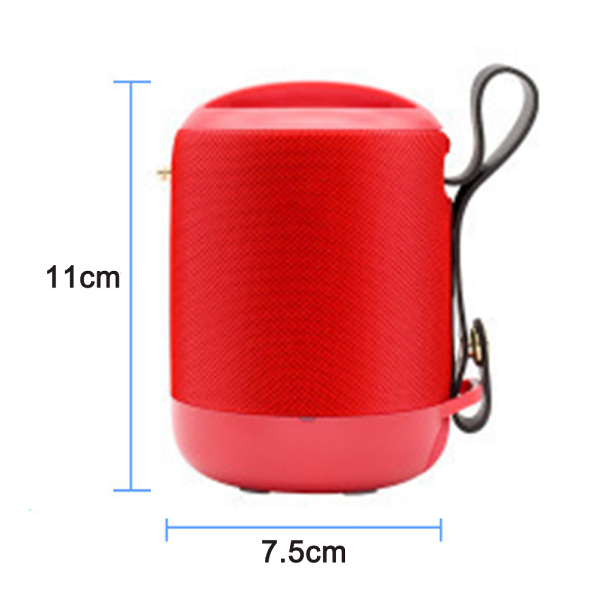 Ein roter, zylindrischer Lautsprecher mit einem angebrachten schwarzen Griff und Abmessungen in Zentimetern.