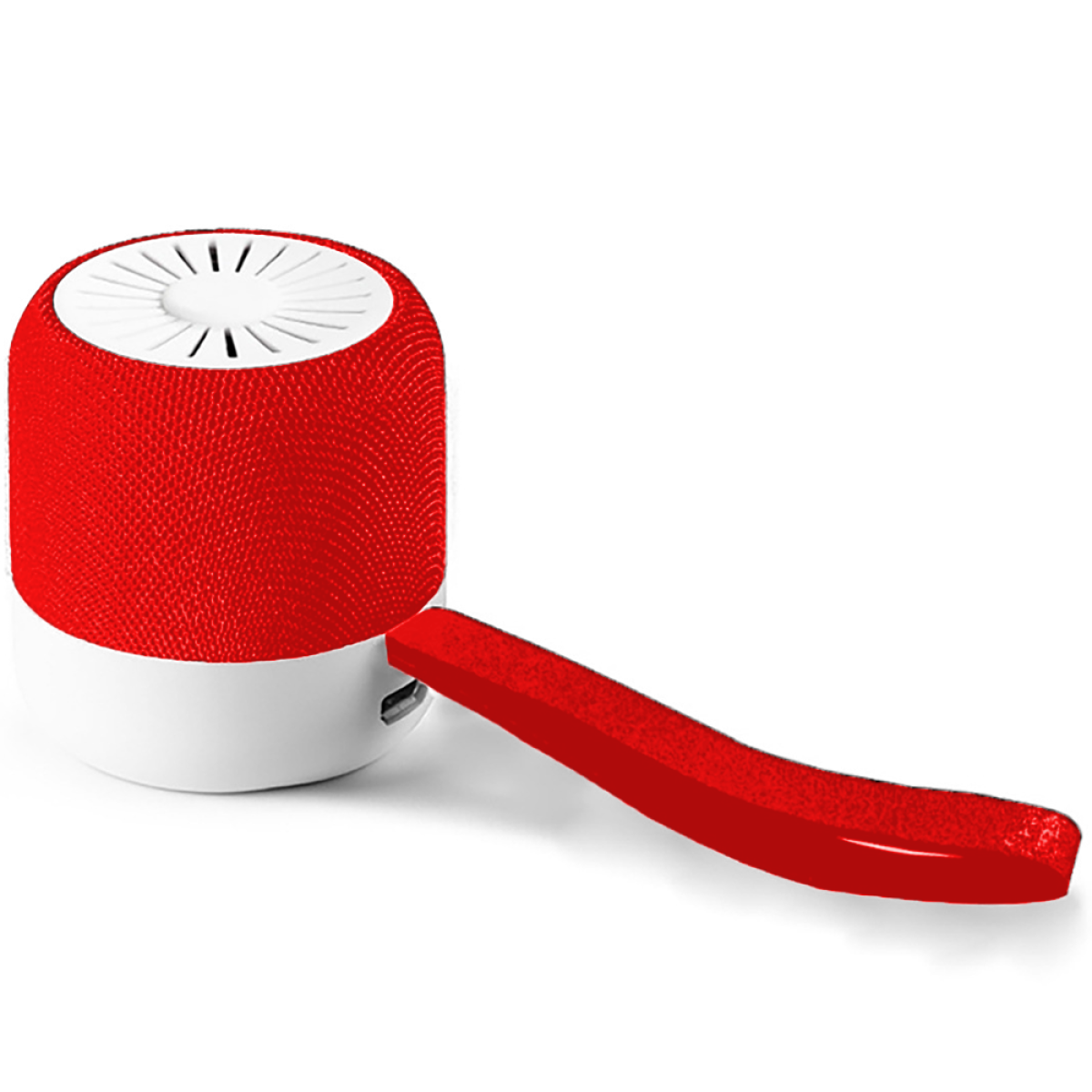 Roter und weißer kleiner Bluetooth-Lautsprecher mit Griff, auf weißem Hintergrund.