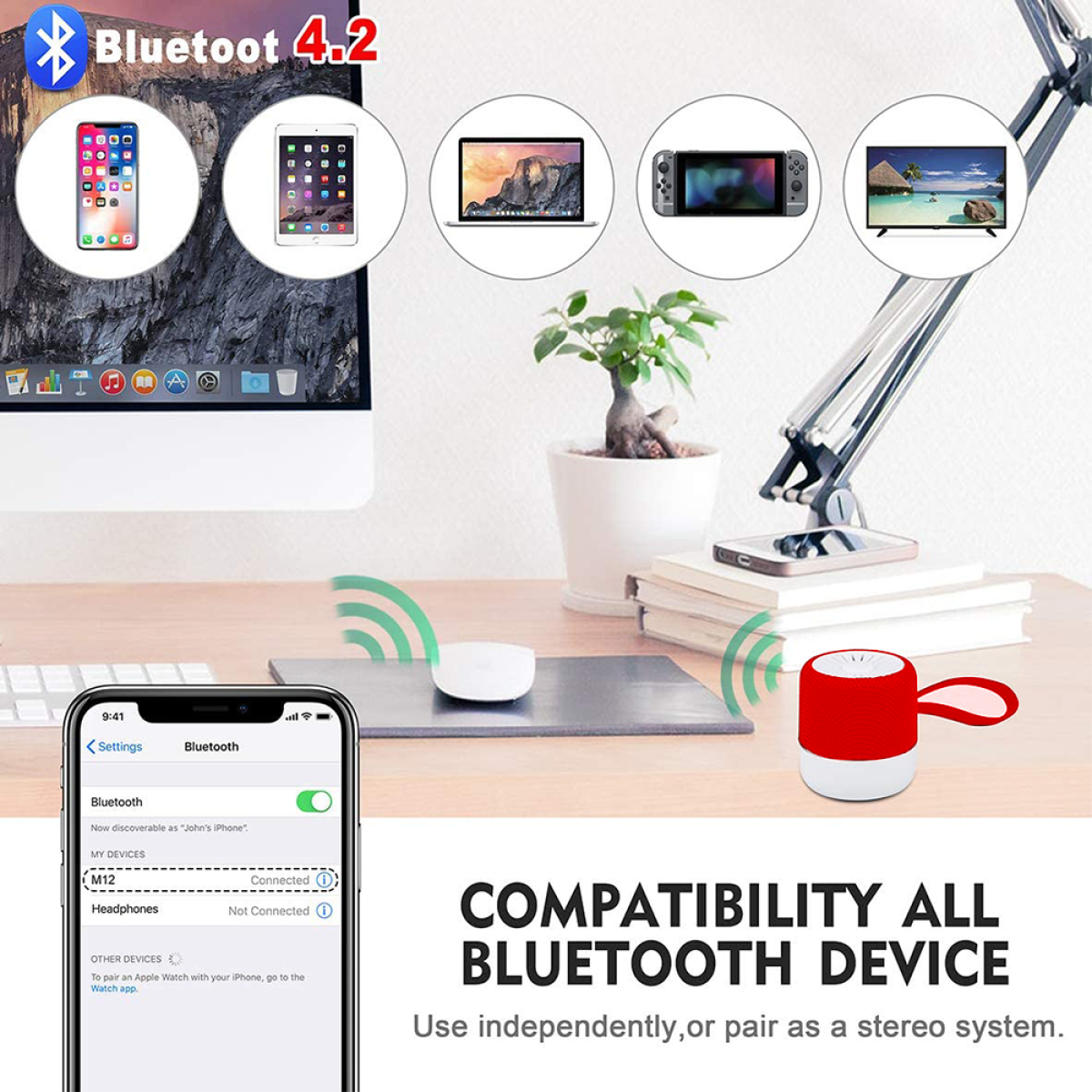 Ein Schreibtisch zeigt ein Telefon, einen Lautsprecher und mehrere Geräte, die über Bluetooth 4.2 verbunden sind.