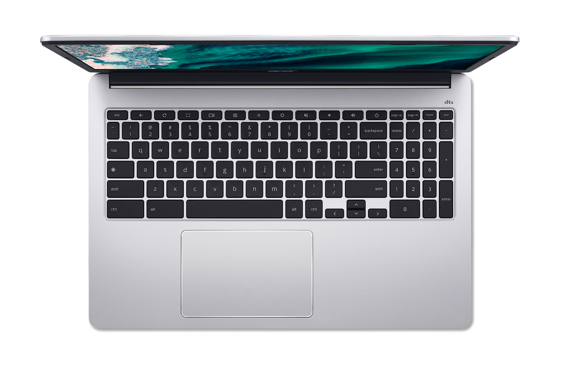 Un portátil con la tapa abierta, vista superior. Se ve el teclado y la pantalla muestra un gráfico verde.
