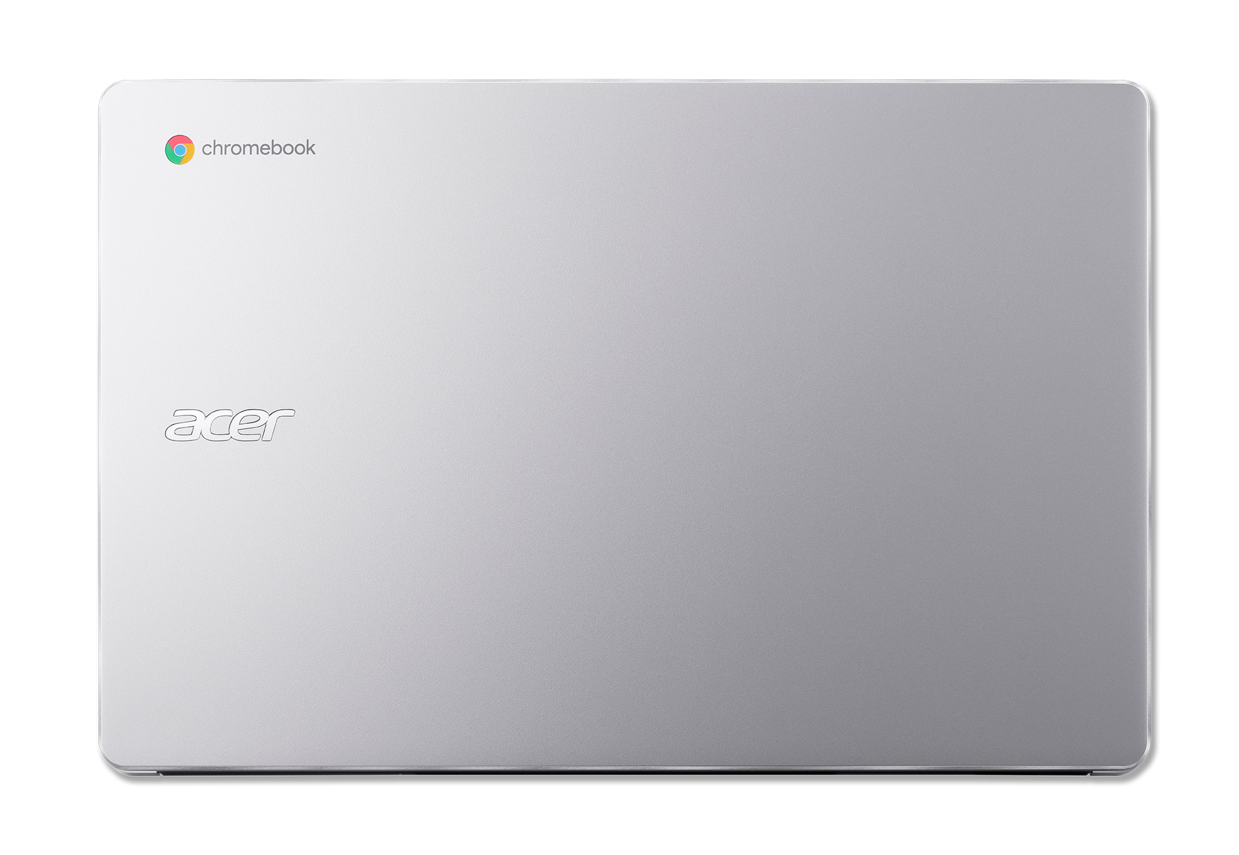 La parte superior de una laptop Chromebook plateada, con el logotipo de Chromebook y la marca Acer.