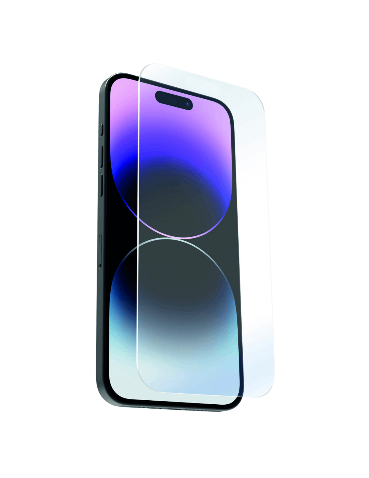 Teléfono negro con protector de pantalla. La pantalla muestra tonos púrpuras. El fondo es negro.