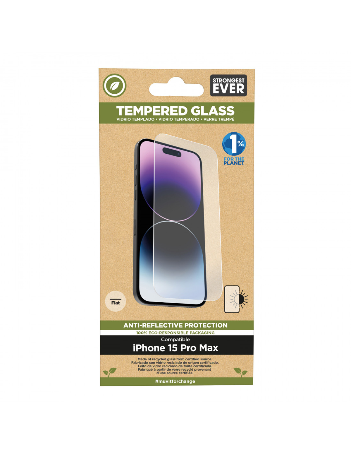 Embalaje del protector de pantalla del iPhone 15 Pro Max. Colores blanco y verde.