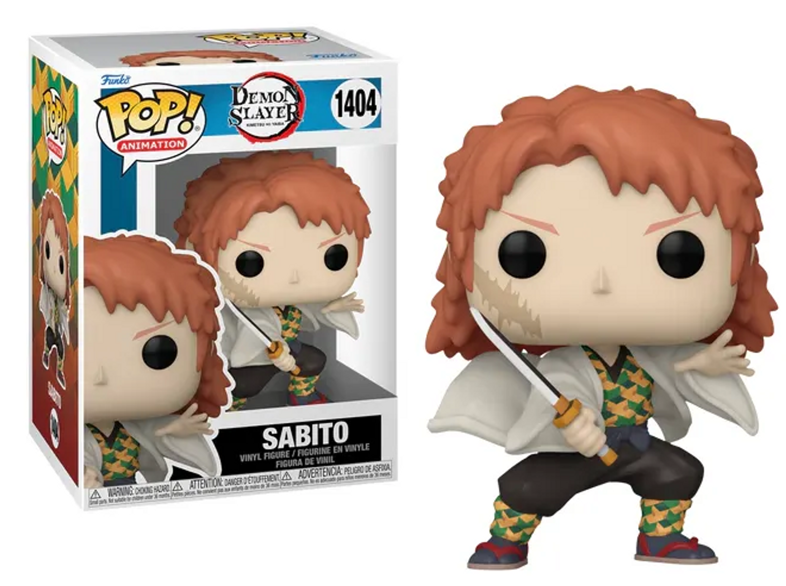 Figura de Sabito del anime Demon Slayer en caja y fuera, sosteniendo una espada.