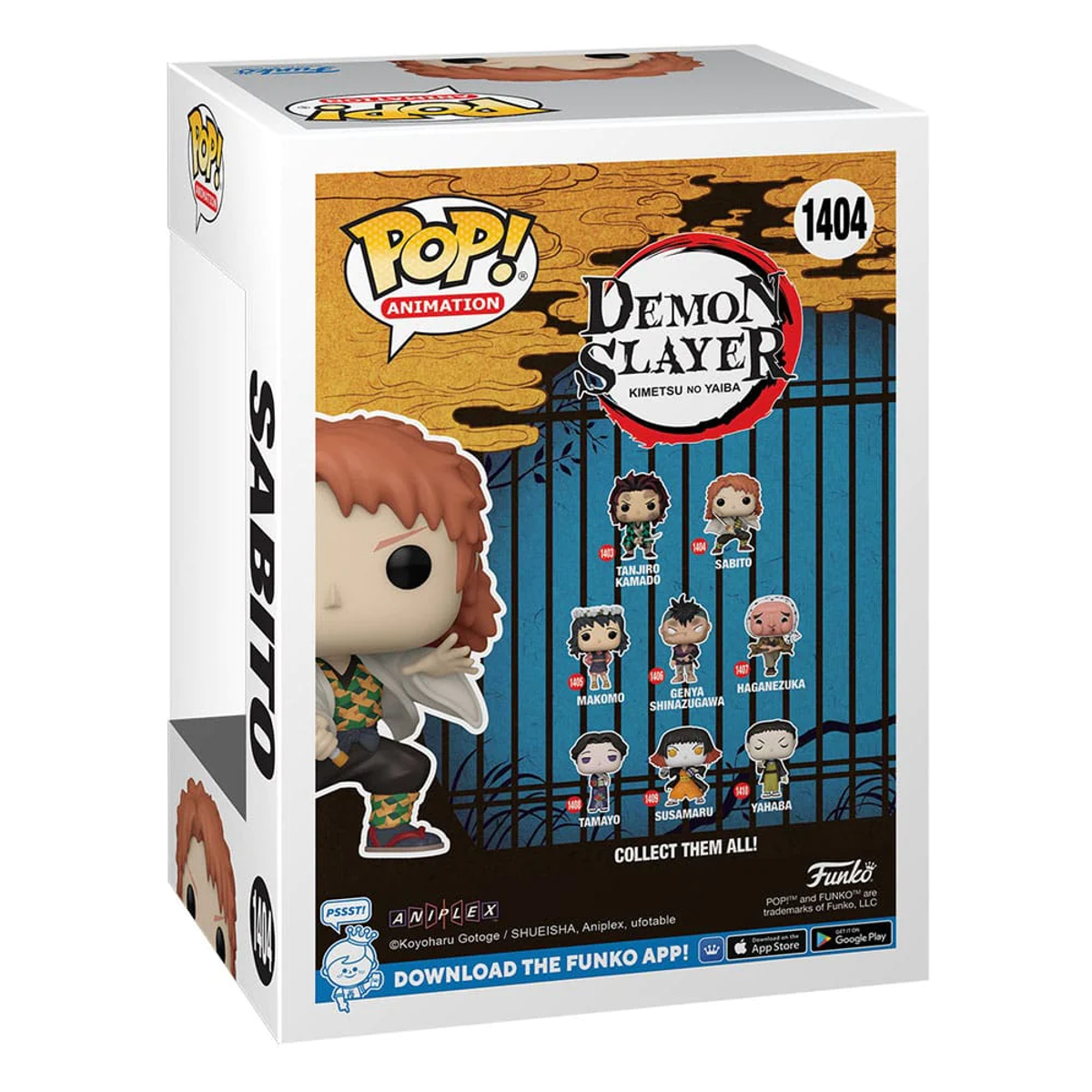Una caja de figura Funko Pop! para Sabito de Demon Slayer, con imágenes de personajes y una solicitud de descarga de la app Funko.