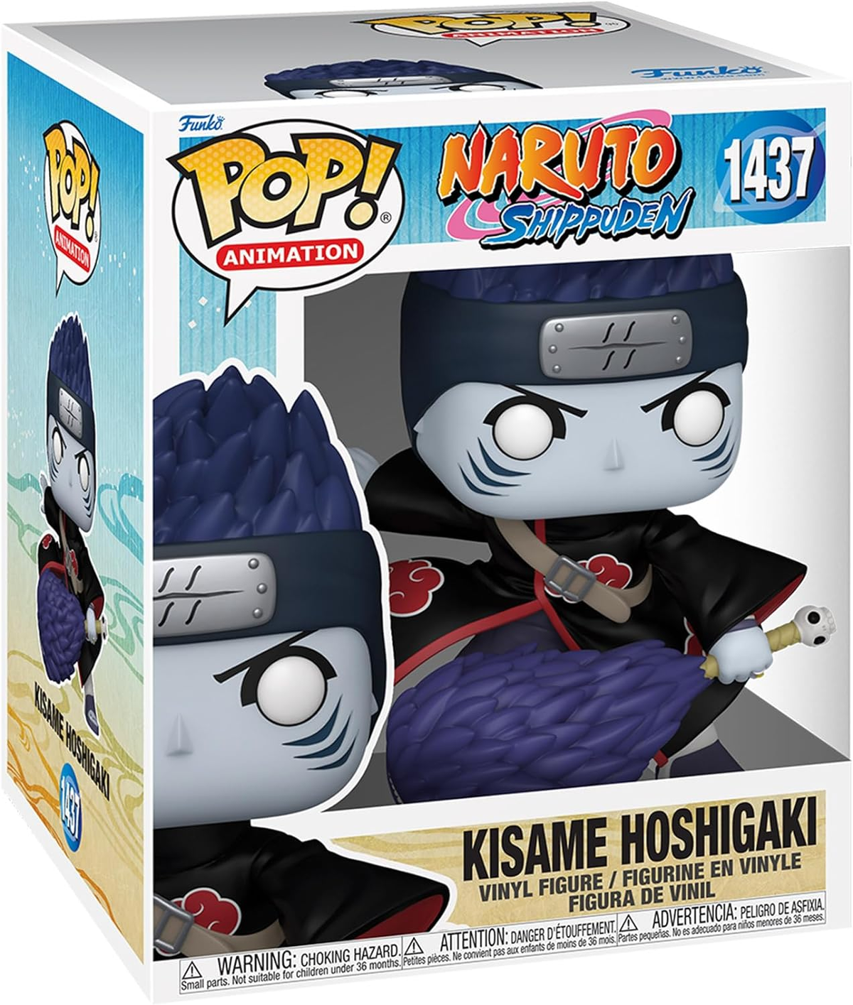 Kisame Hoshigaki Funko Pop-Figur in der Box. Er hält ein Schwert und trägt einen Akatsuki-Umhang.