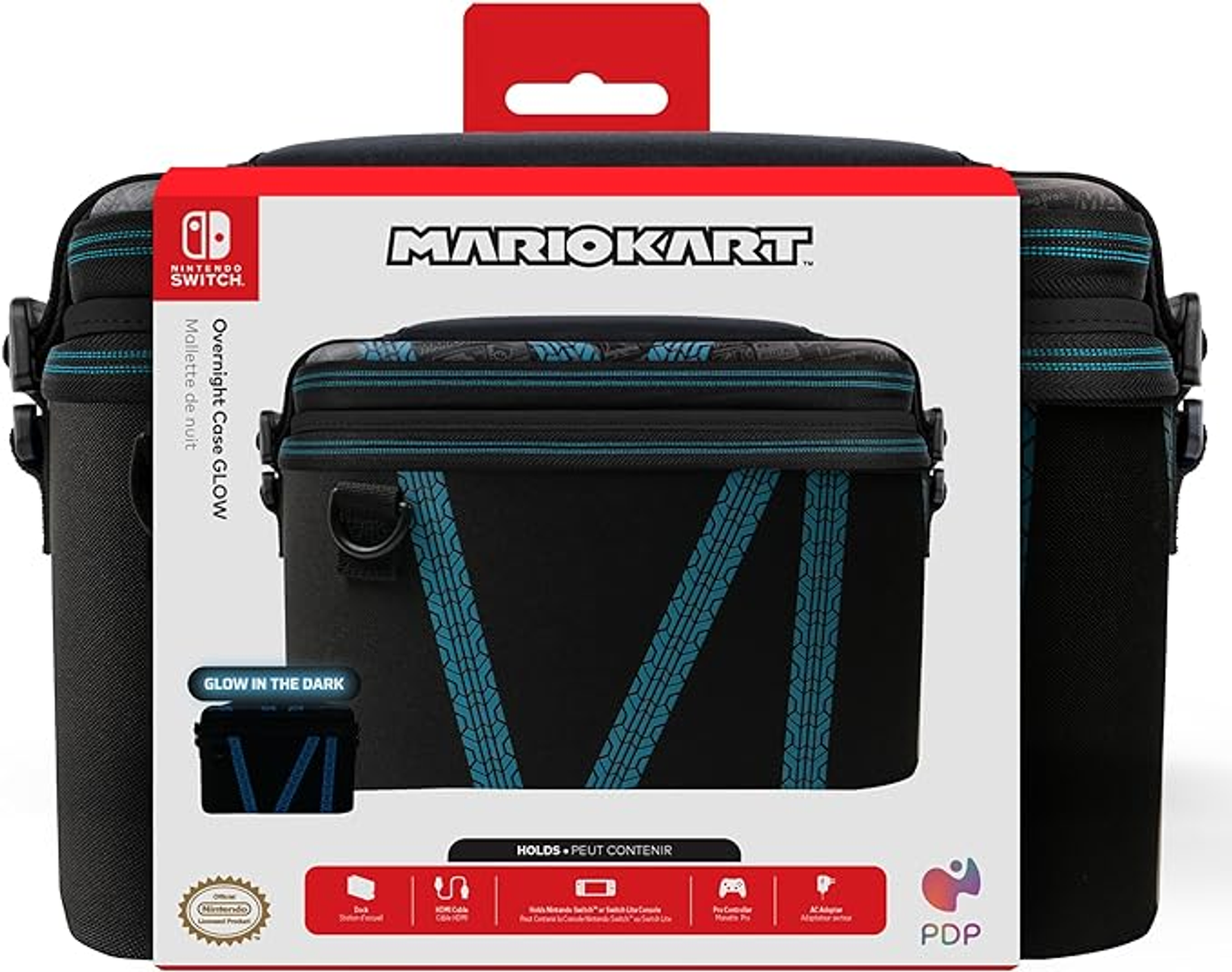 Torba podróżna Mario Kart, czarna z niebieskim wzorem śladów opon i logo Nintendo Switch.