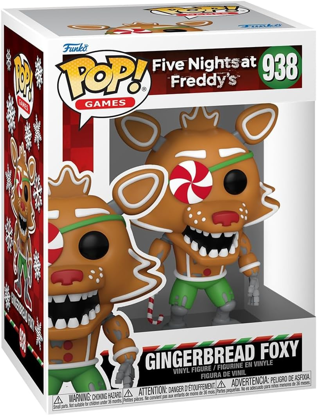Eine Funko Pop-Figur von Gingerbread Foxy. Die Figur ist braun mit einer Zuckerstange, Augenklappe und grünen Shorts.