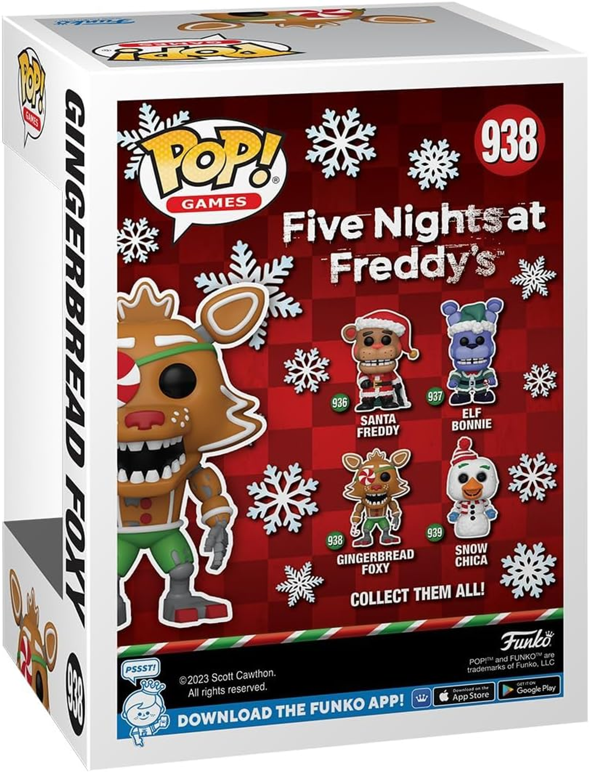 Eine Box für Five Nights at Freddy's mit Figuren von Charakteren und Schneeflocken.