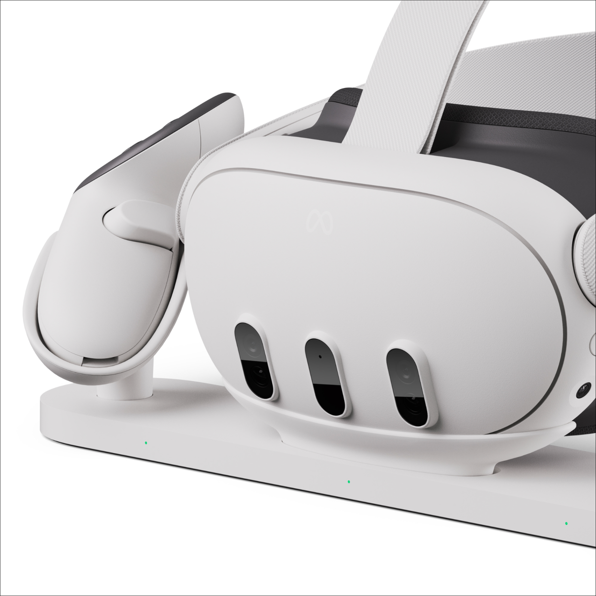 Weißes VR-Headset auf einer Ladestation. Drei Frontkameras sichtbar. Schwarz-weißes Farbschema.