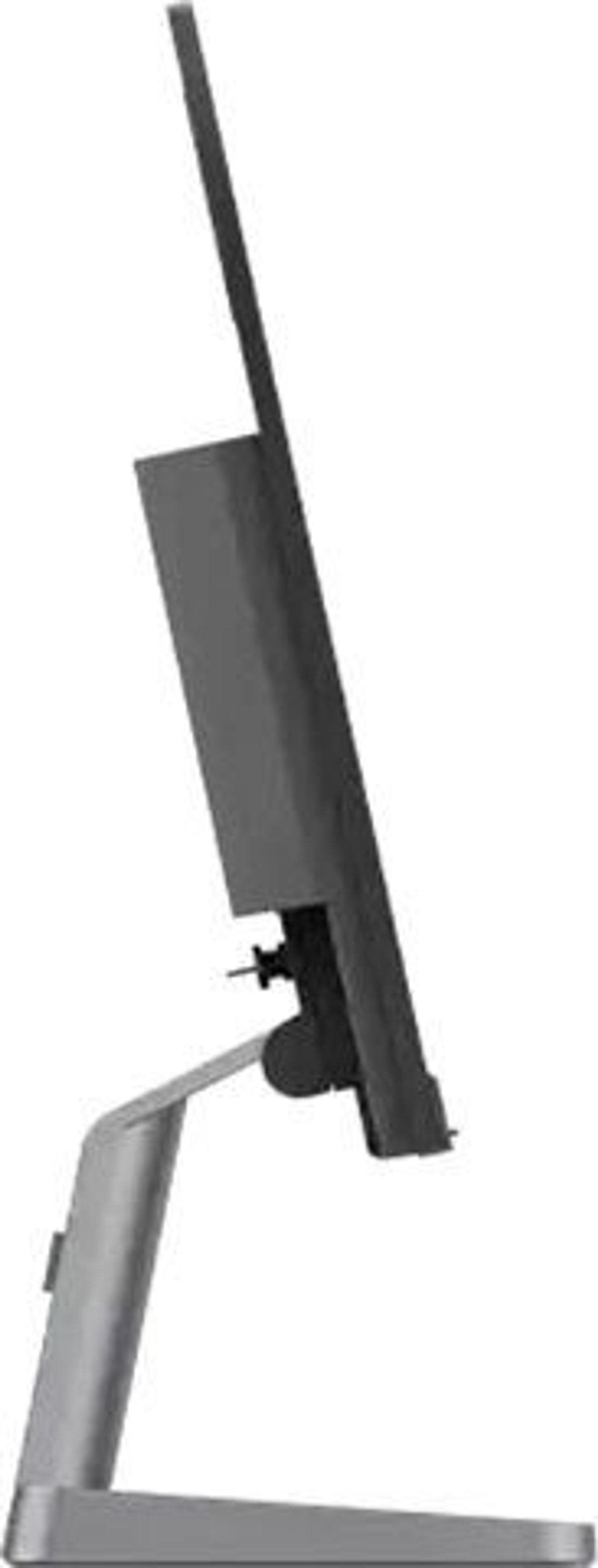 Widok z boku srebrnego monitora z czarnym ekranem i podstawą, lekko pochylony.