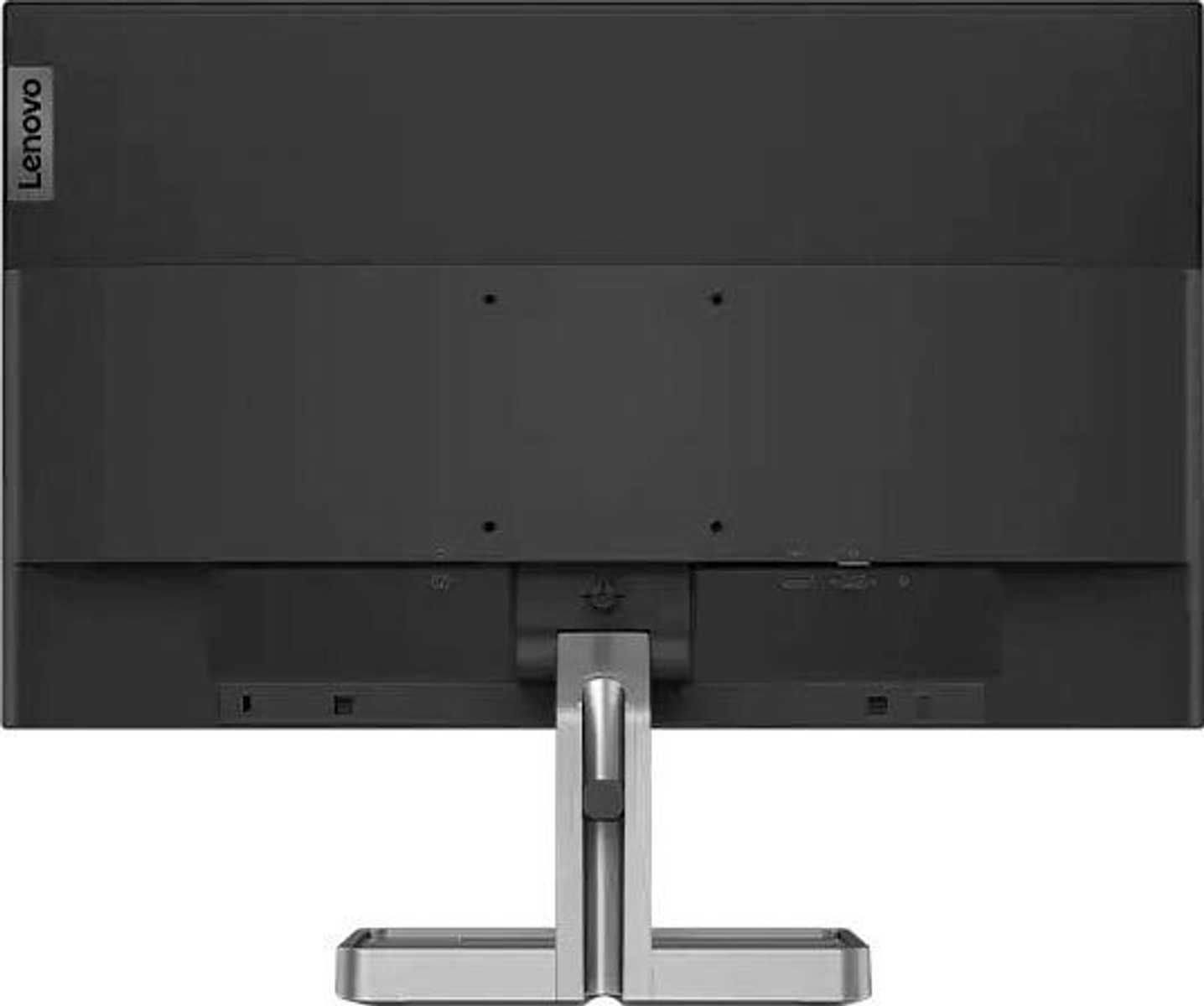 Widok z tyłu czarnego monitora Lenovo, ze stojakiem. Logo Lenovo znajduje się w lewym górnym rogu.