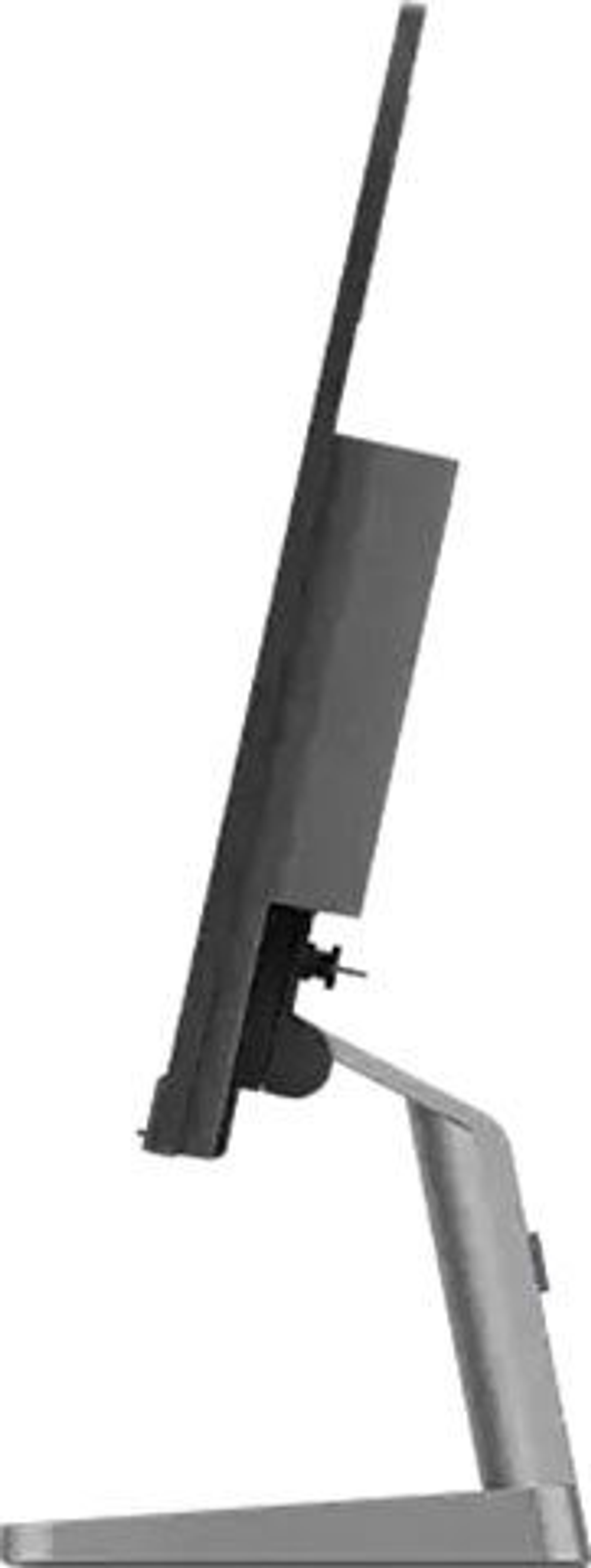 Widok z boku szarego monitora komputera na srebrnej podstawie. Ekran jest czarny.