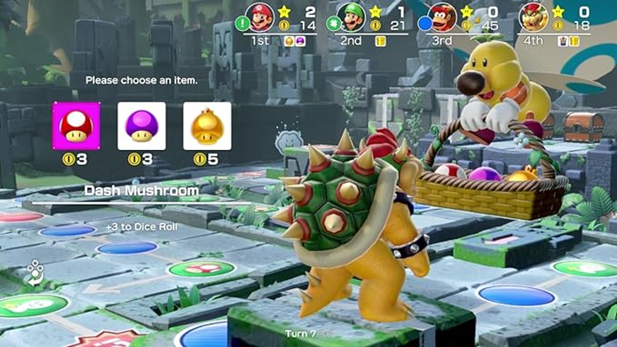 Zrzut ekranu z gry Mario Party. Postacie na planszy, widoczne menu przedmiotów.