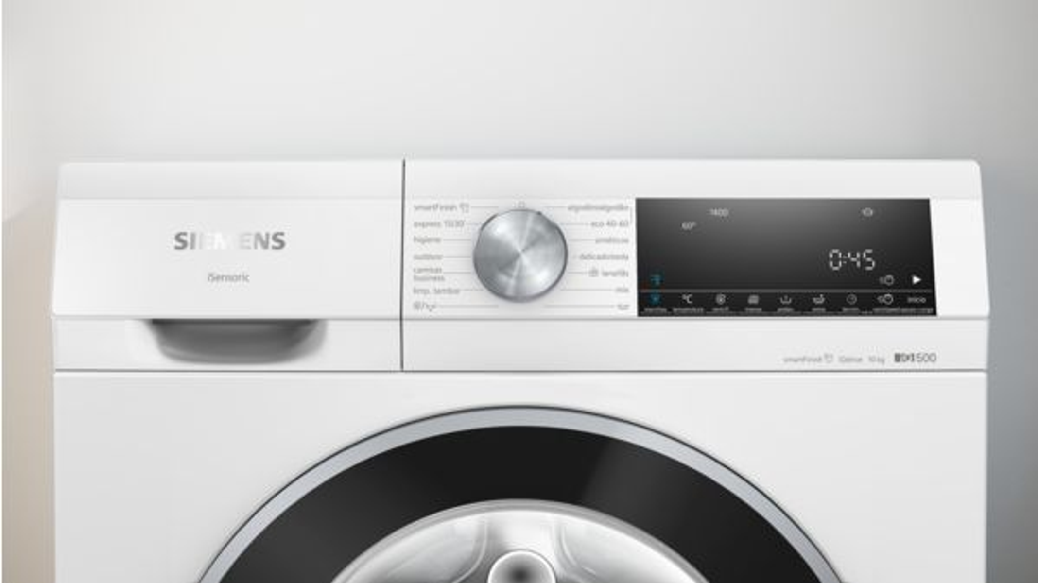 Panel de control de lavadora Siemens blanco, dial plateado, pantalla digital.