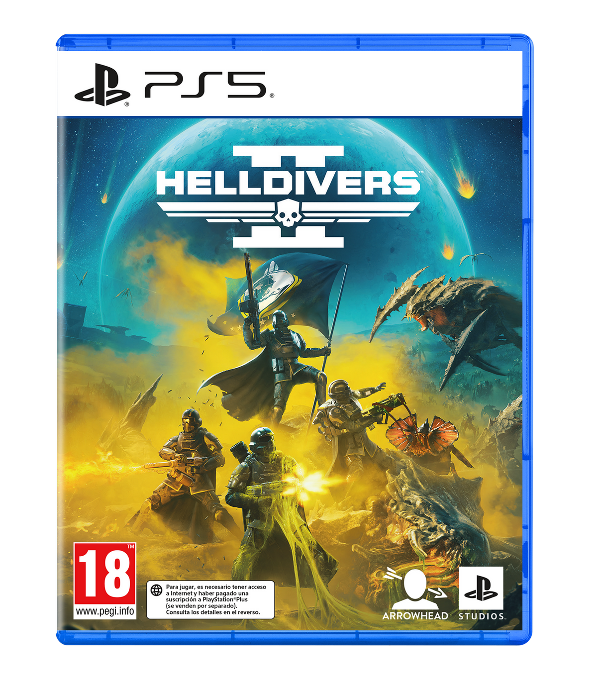 Pudełko gry PS5 dla Helldivers 2, z grafiką żołnierzy walczących z kosmitami.