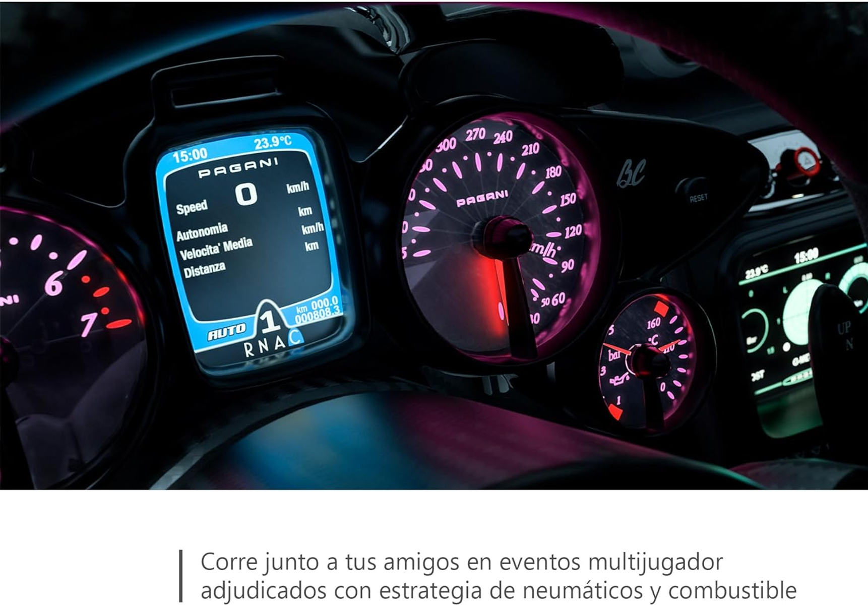 Vista del salpicadero de un coche Pagani con múltiples pantallas. Velocímetro muestra 0 km/h.