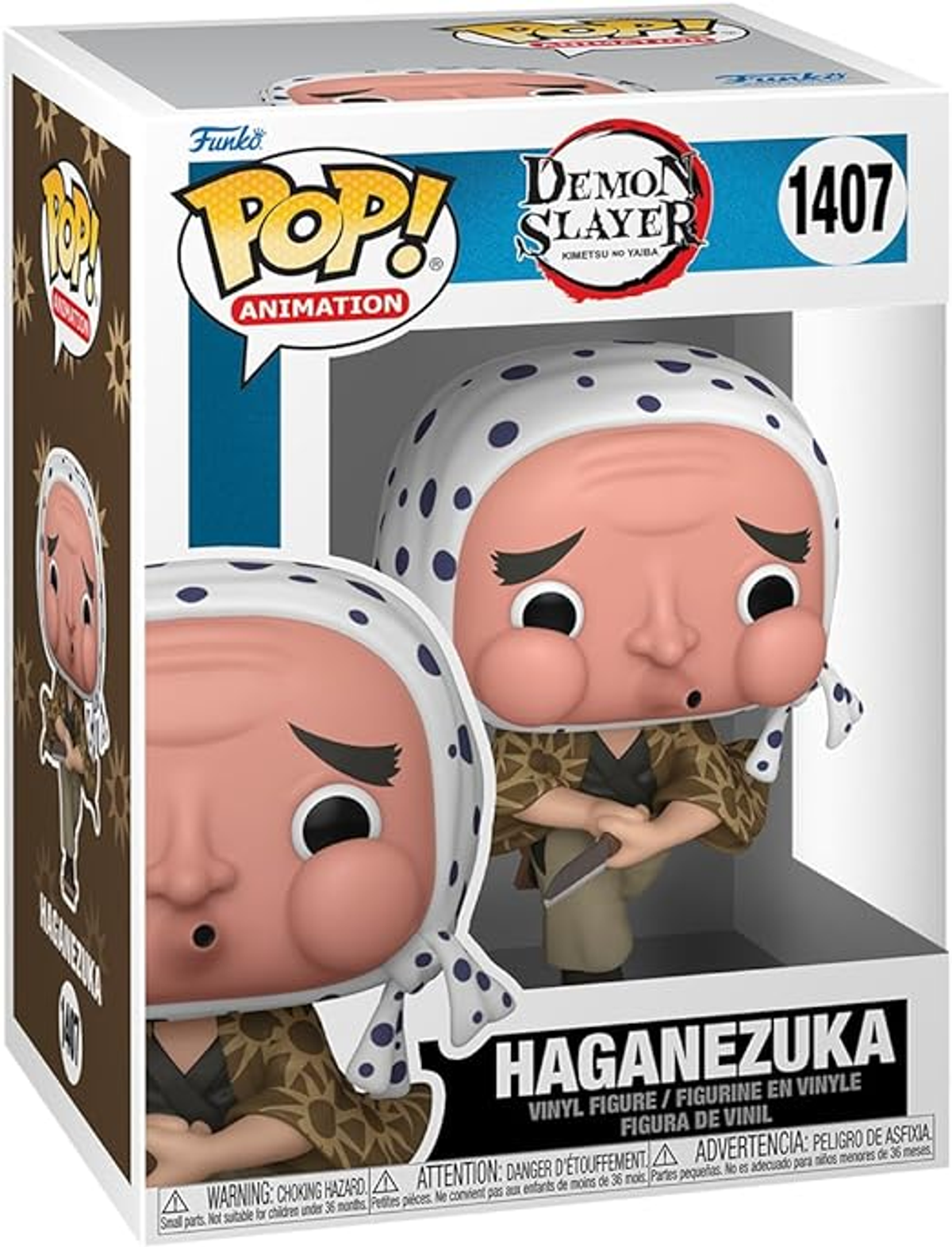 Figura Funko Pop! de Haganezuka de Demon Slayer. Arte de la caja mostrando la figura y detalles, incluido el nombre.