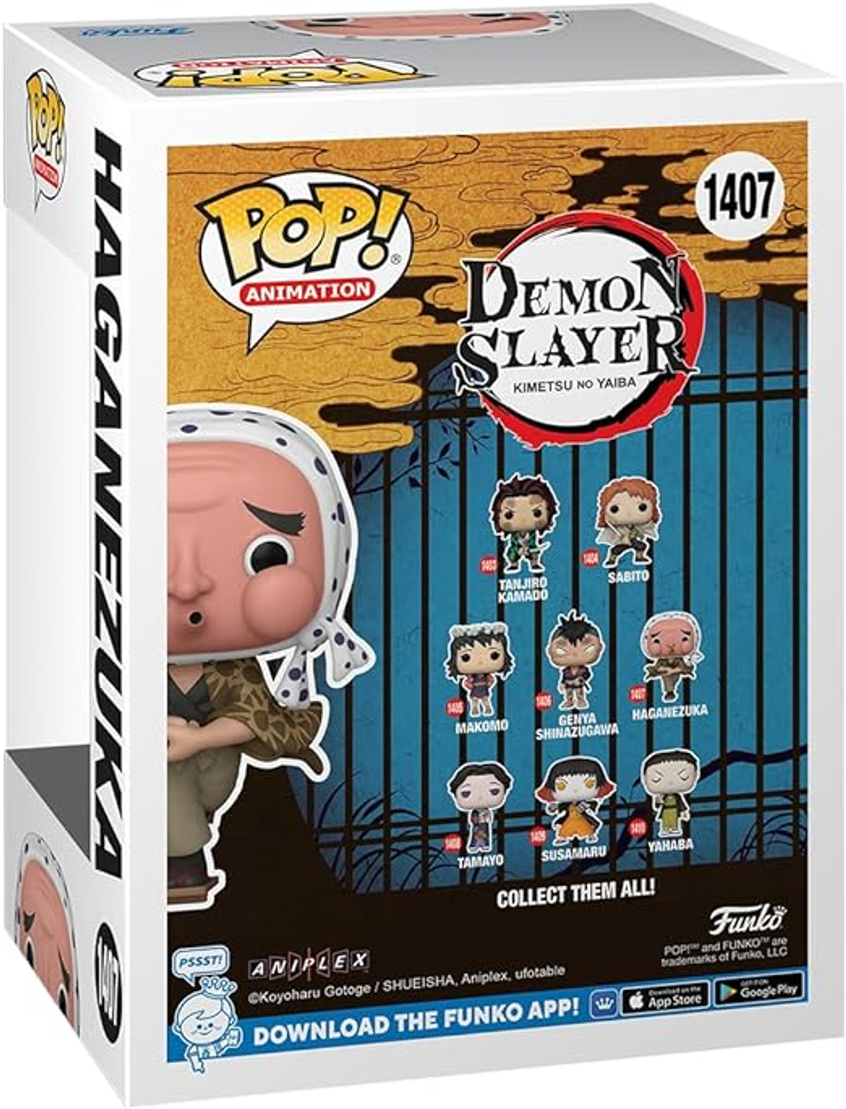 Una caja blanca con la imagen de una figura Funko Pop de una anciana de Demon Slayer, con otras figuras en la parte trasera.