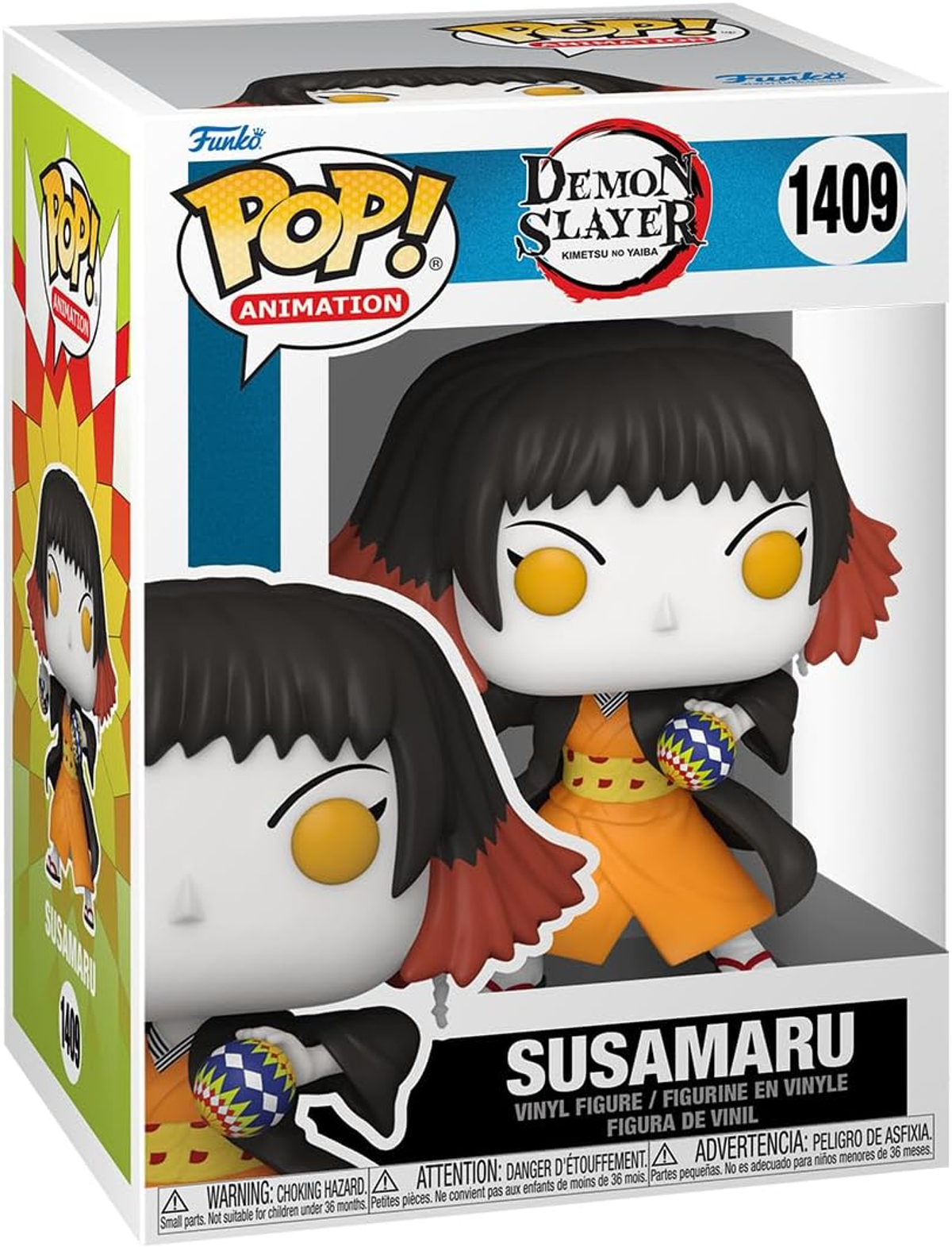 Una figura de Susamaru Funko Pop en una caja. La figura tiene cabello negro, kimono naranja y una bola.