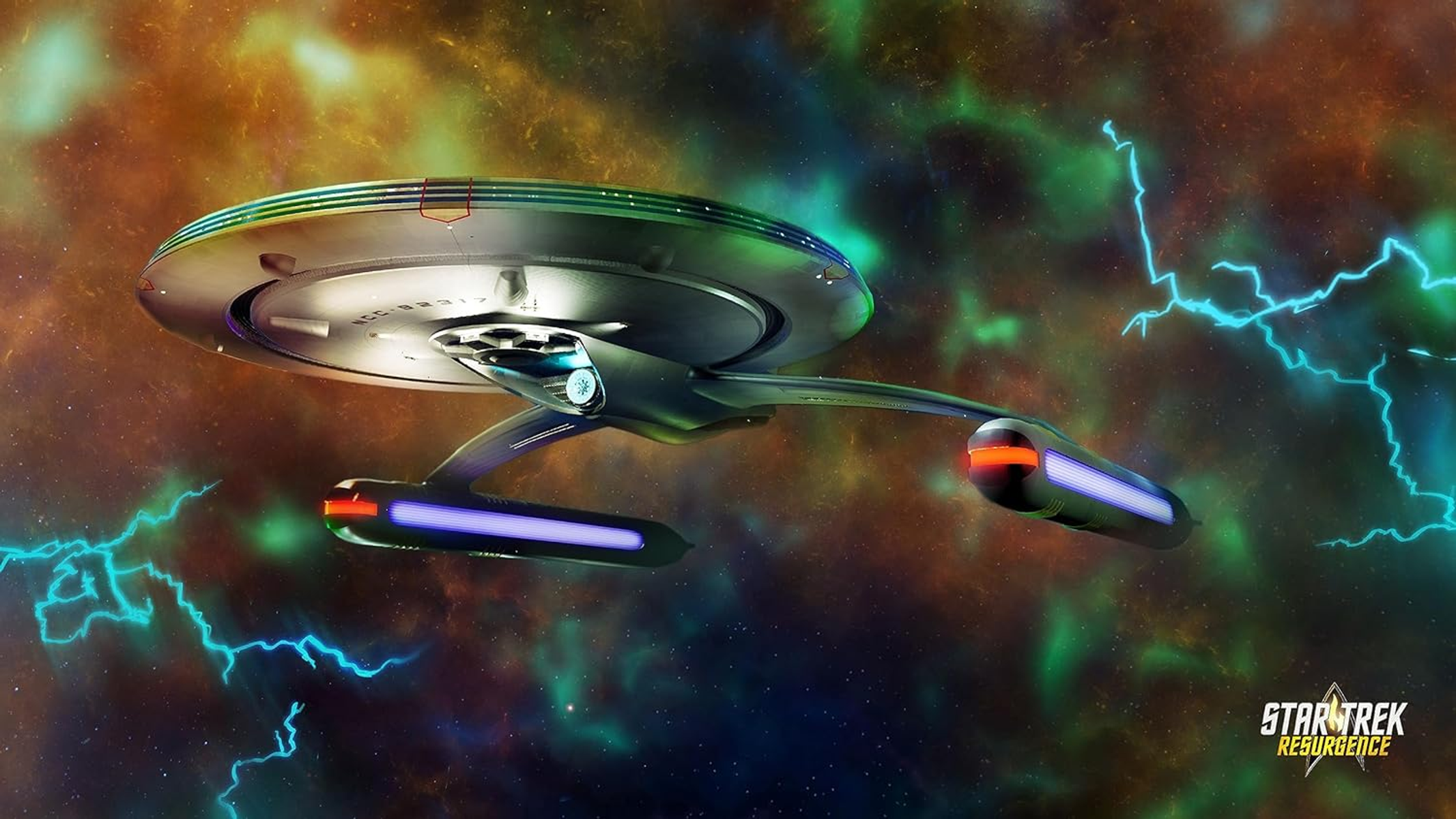 Statek Star Trek w kosmosie z błyskawicami. Statek jest srebrny, z niebieskimi i czerwonymi światłami.