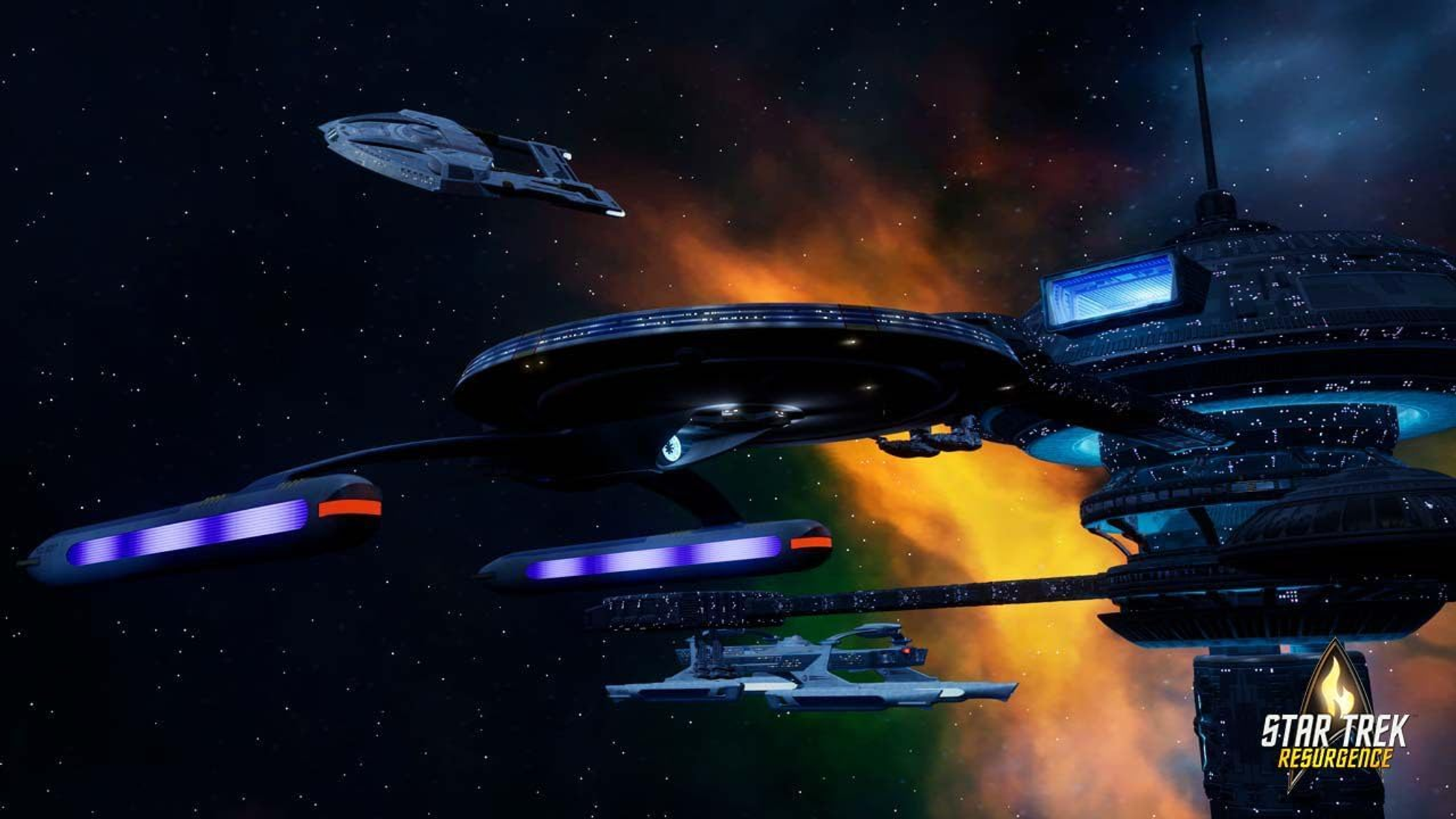Scena ze Star Trek z stacją kosmiczną, statkami i mgławicą. Logo gry na dole.